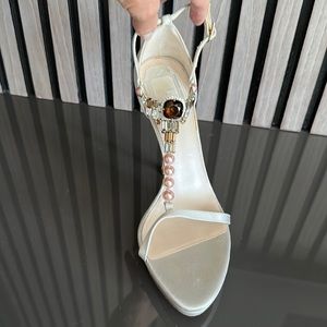 Christian Dior gray silk 5 inch sandal with faux jeweled center strap